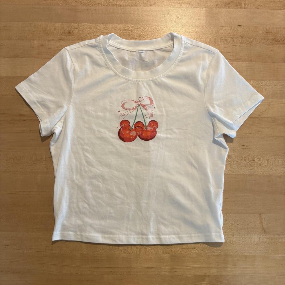 Cherry Mouse Ears Coquette Shirt Womens Medium White Short Sleeve Crew Neck